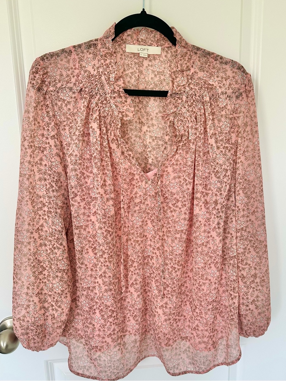 LOFT Pink Floral Ruffle V-Neck Blouse